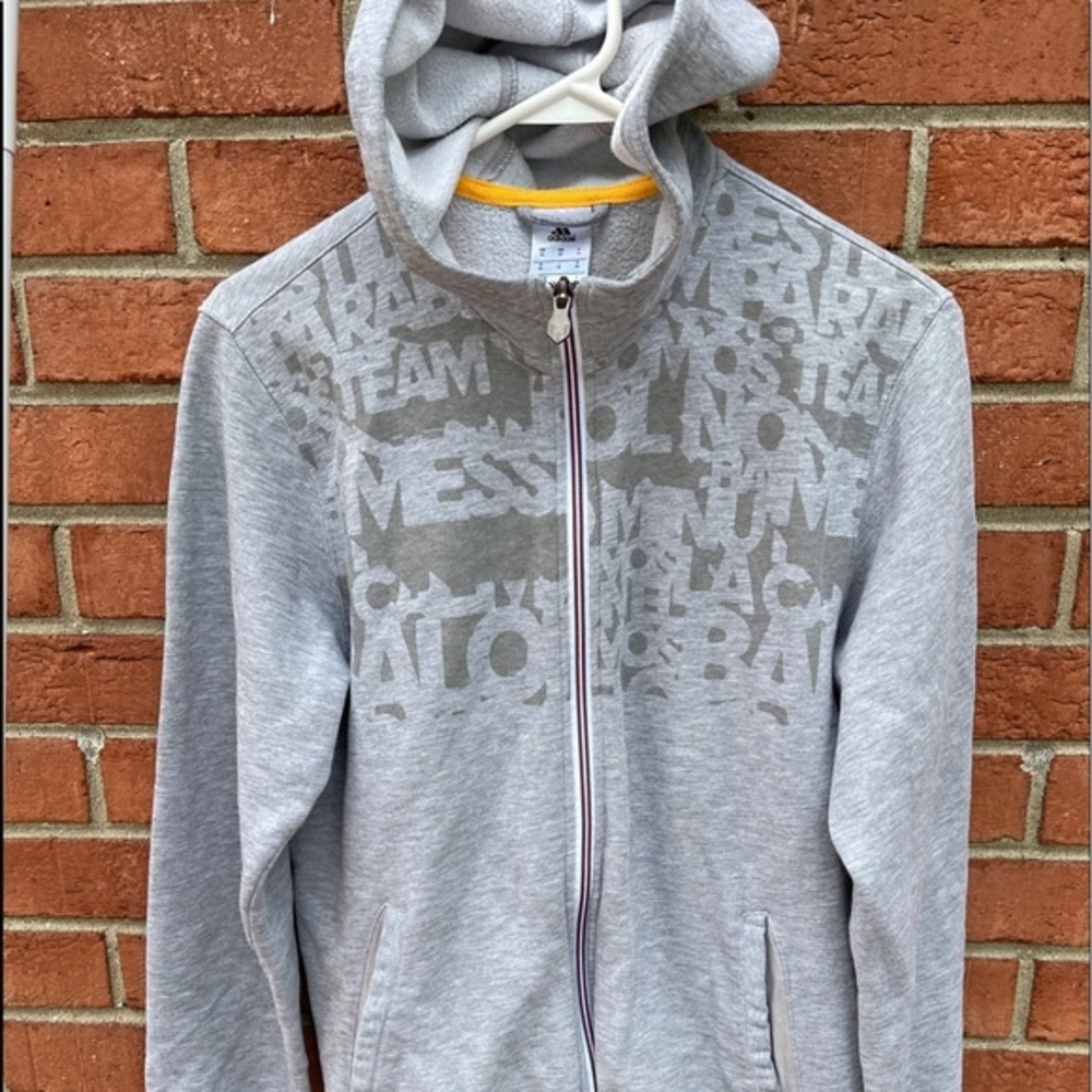 Adidas Messi Full Zip Hooded Sweat Jacket Grey Pockets Red white and blue zip